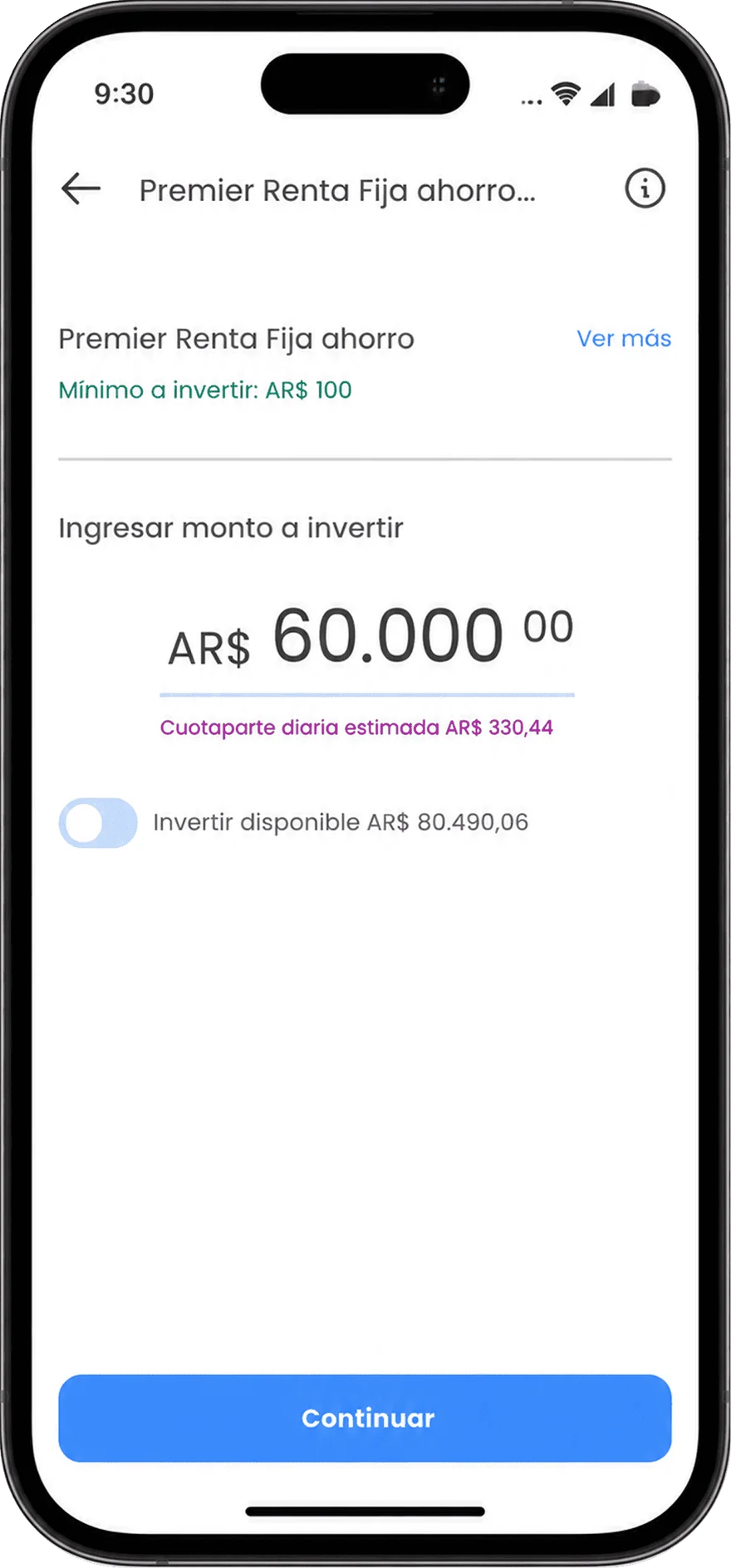 Amount entry screen of the new investment flow, with the estimated daily unit value